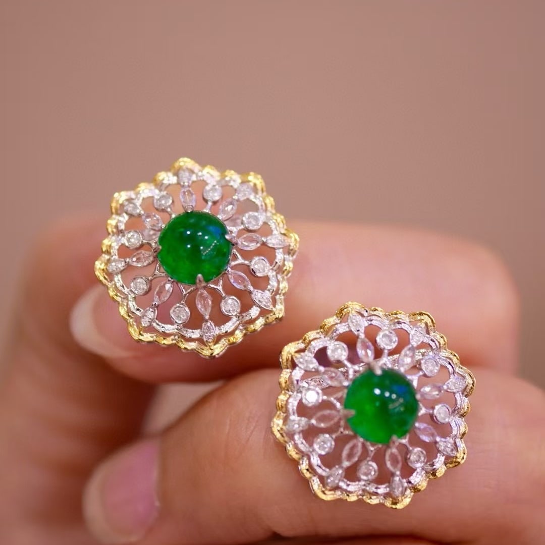 14k Gold 2.52 Ct Natural Emerald & Sapphire & Diamond Earrings - 2
