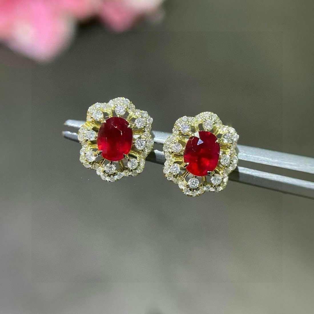 14k Gold 1.20 Ctw Vivid Red Natural Ruby & Diamond Earrings - 2