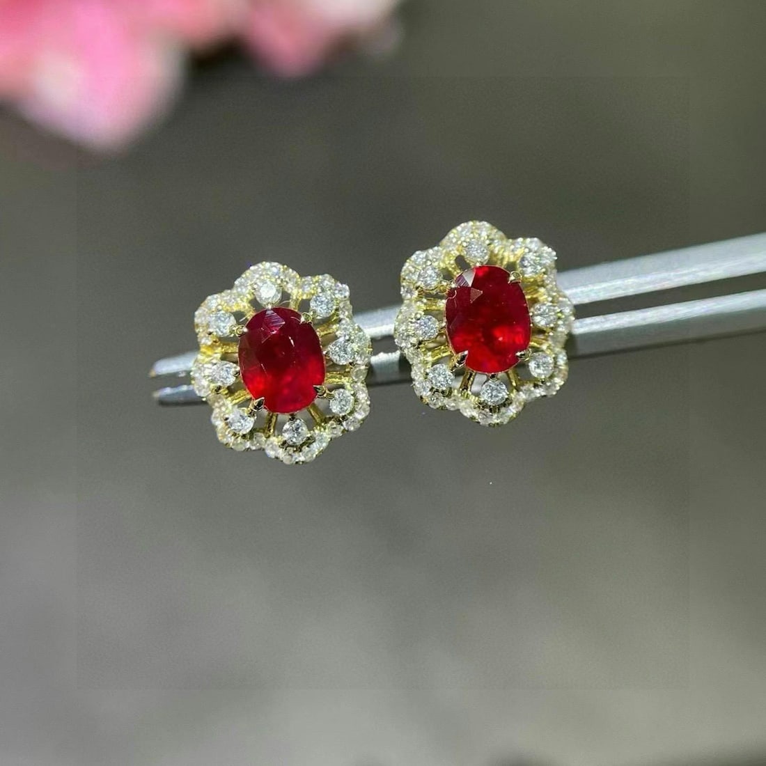 14k Gold 1.20 Ctw Vivid Red Natural Ruby & Diamond Earrings - 3