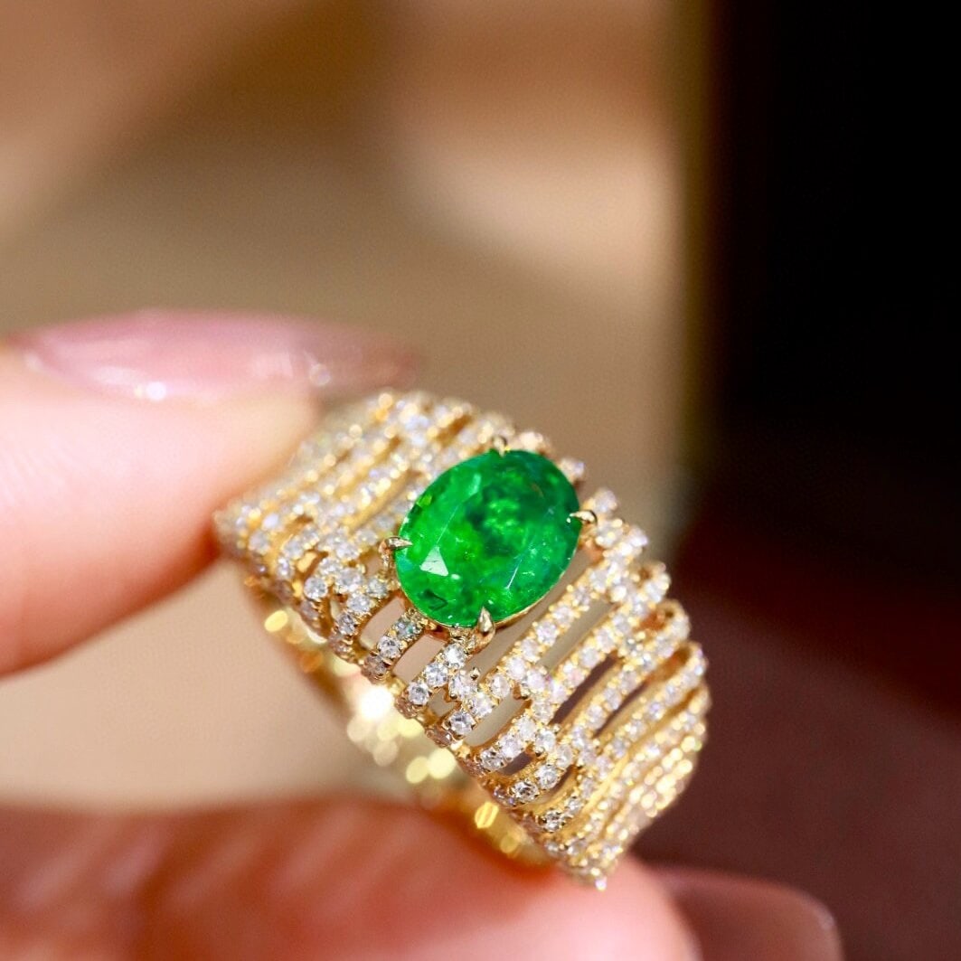 14k Gold 1.63 Ctw Vivid Green Natural Emerald & Diamond Ring - 7