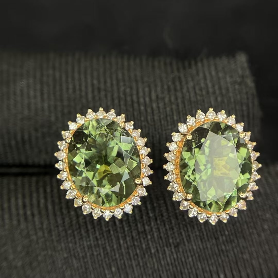 14k Gold 4.8 Ct Natural Tourmaline & Diamond Earrings - 2