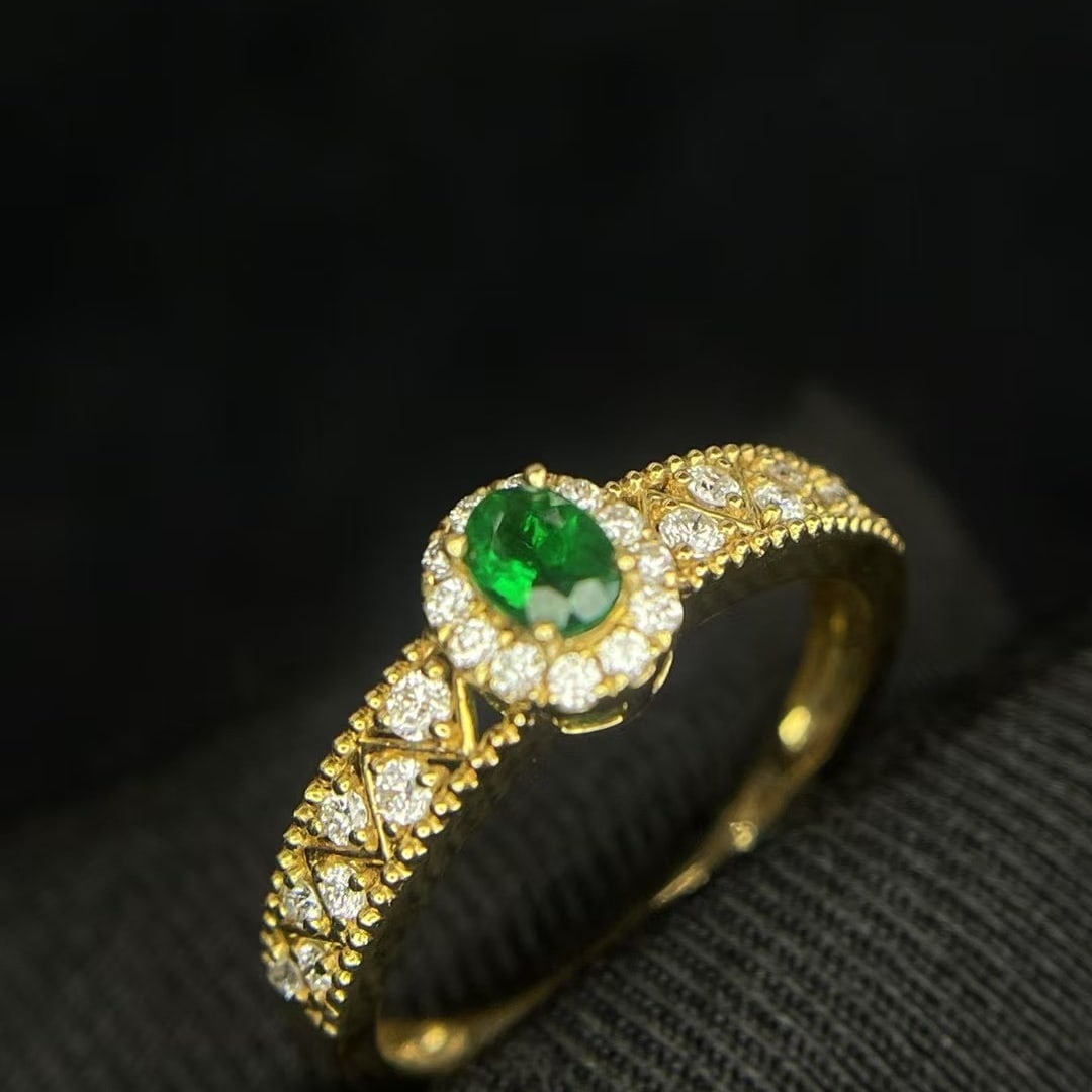 14k Gold 0.21 Ct Vivid Green Natural Emerald & Diamond Ring - 2