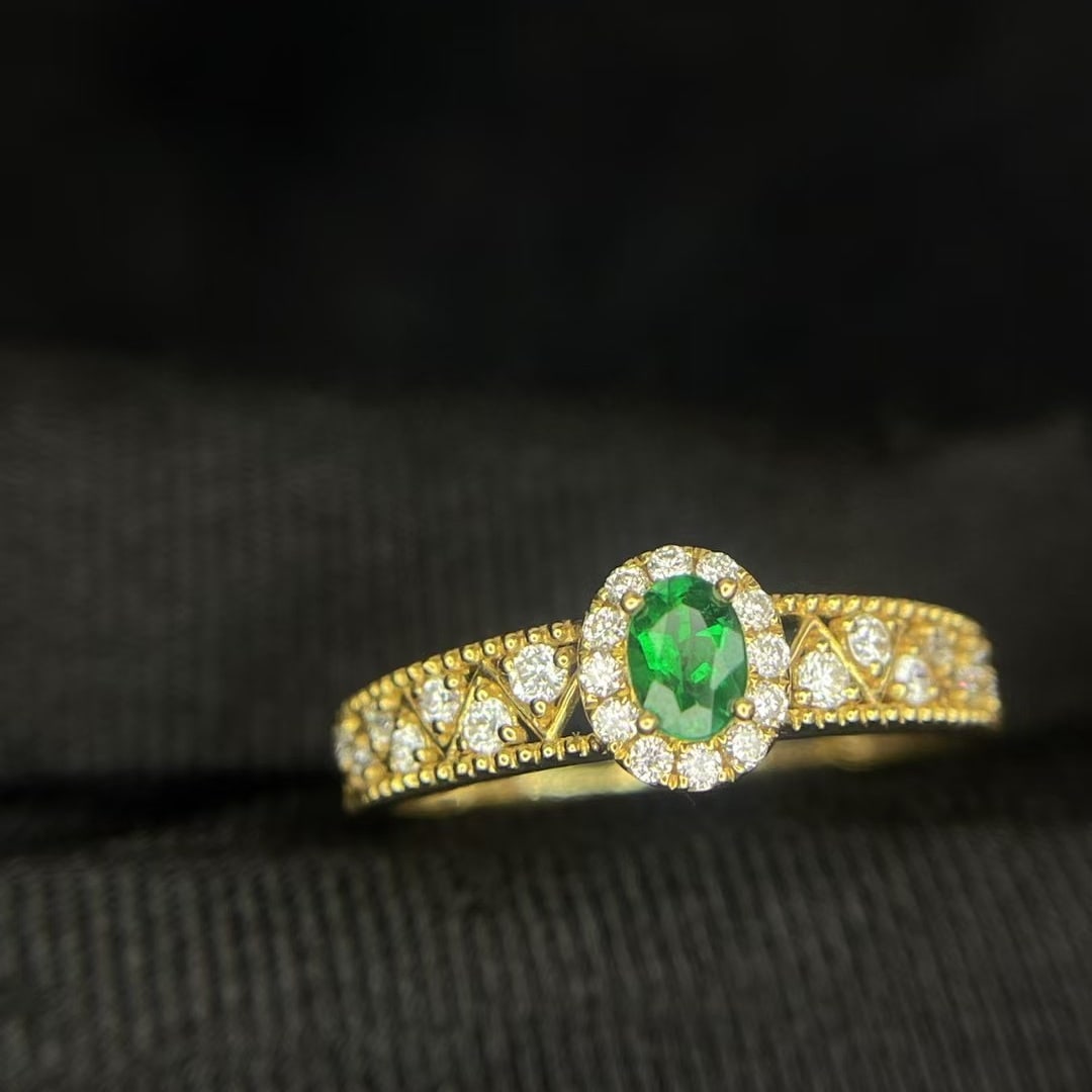 14k Gold 0.21 Ct Vivid Green Natural Emerald & Diamond Ring - 3