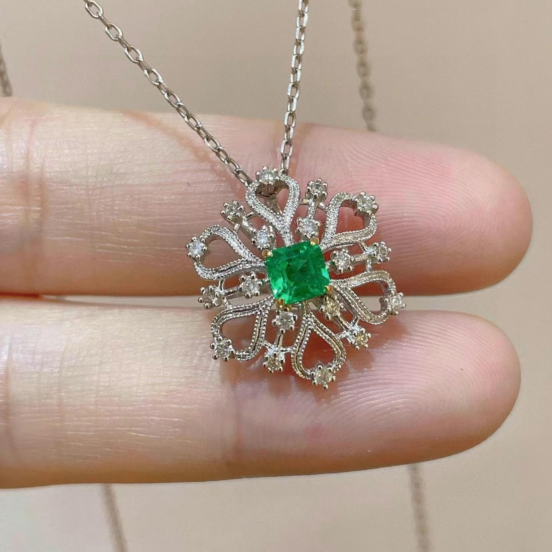 14k Gold 0.31 Ct Vivid Green Natural Emerald & Diamond Pendant( Without Chain ) - 2