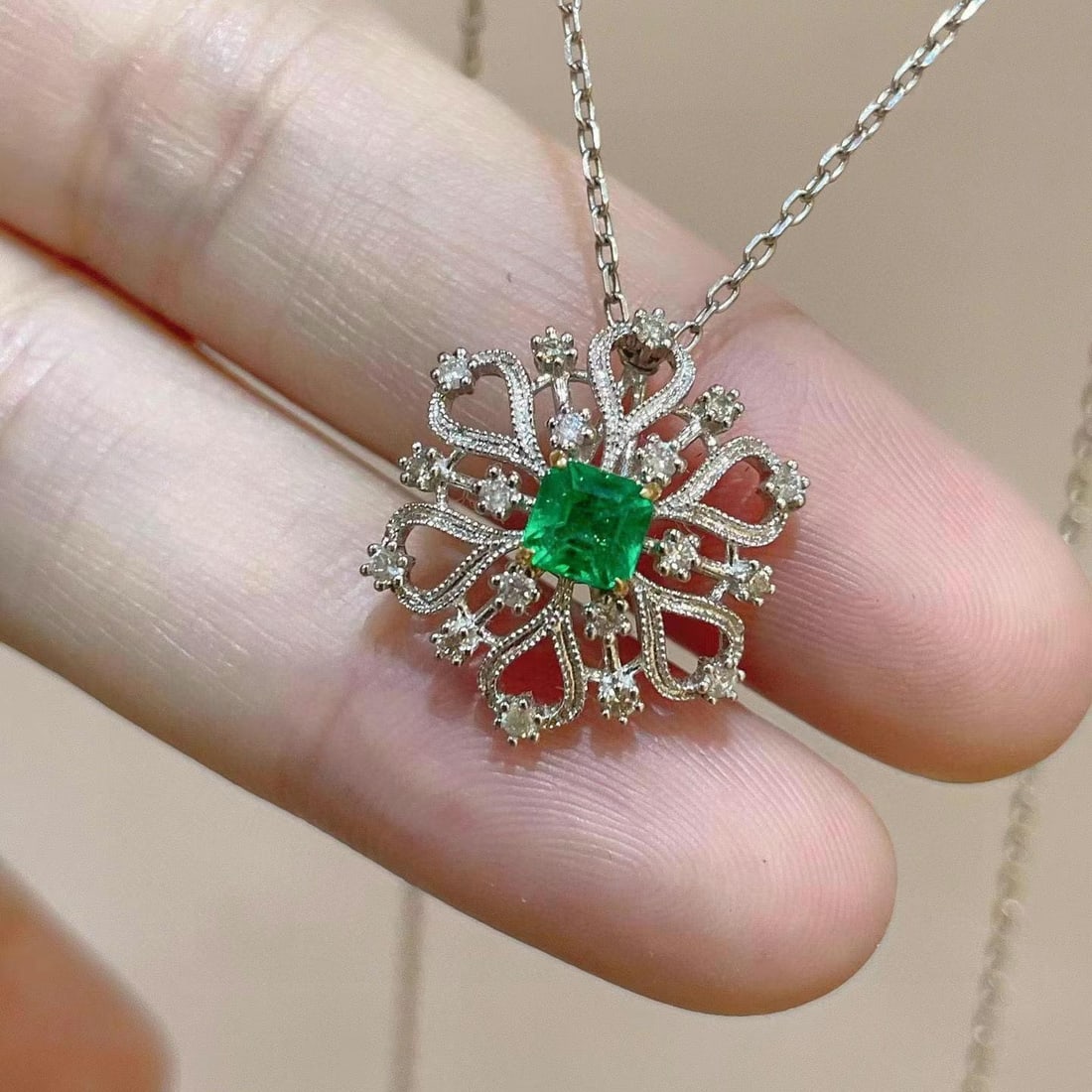 14k Gold 0.31 Ct Vivid Green Natural Emerald & Diamond Pendant( Without Chain ) - 3