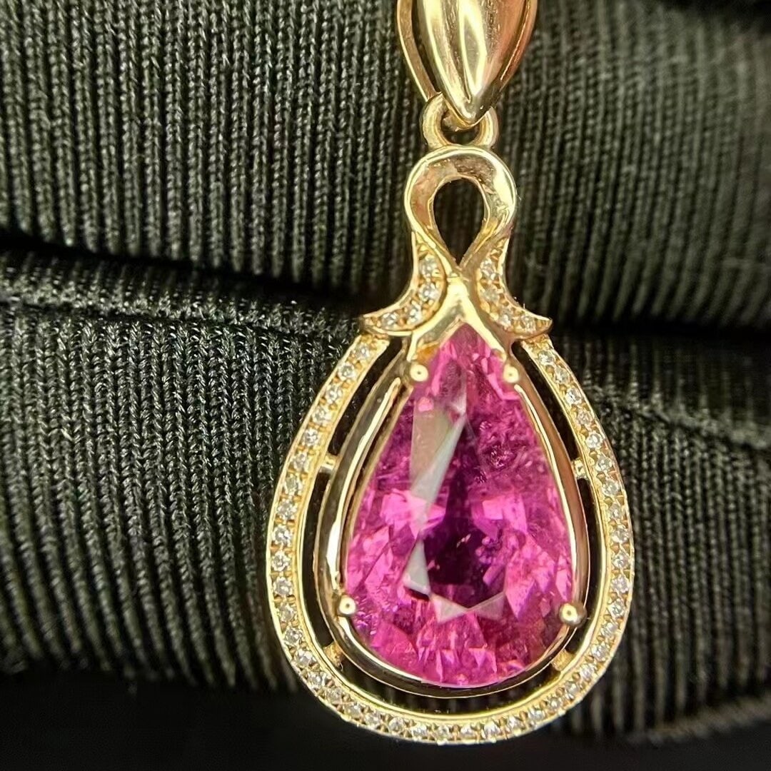 14k Gold 3.46 Ct Natural Tourmaline & Diamond Pendant( Without Chain ) - 2