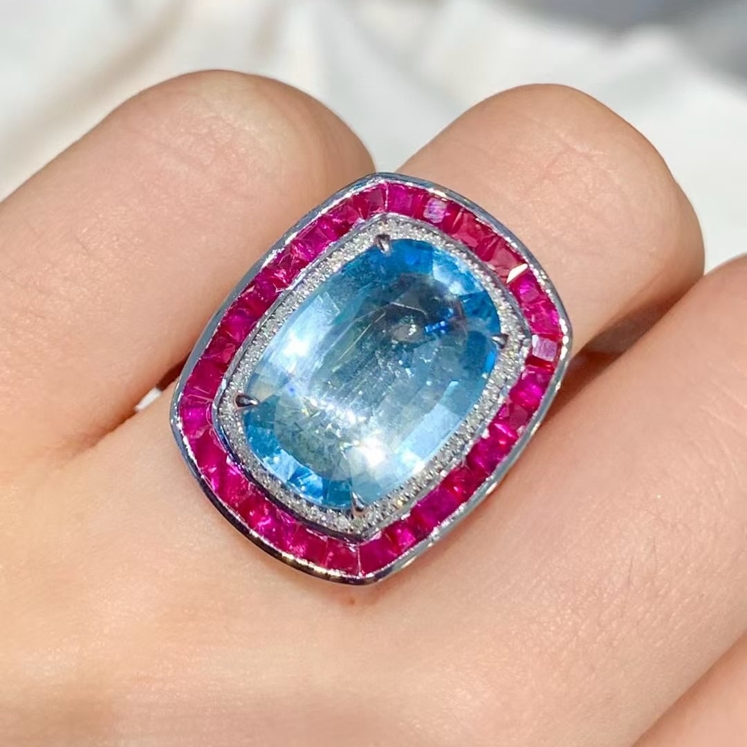 14k Gold 8.55 Ct Natural Aquamarine & Diamond & Ruby Ring - 4