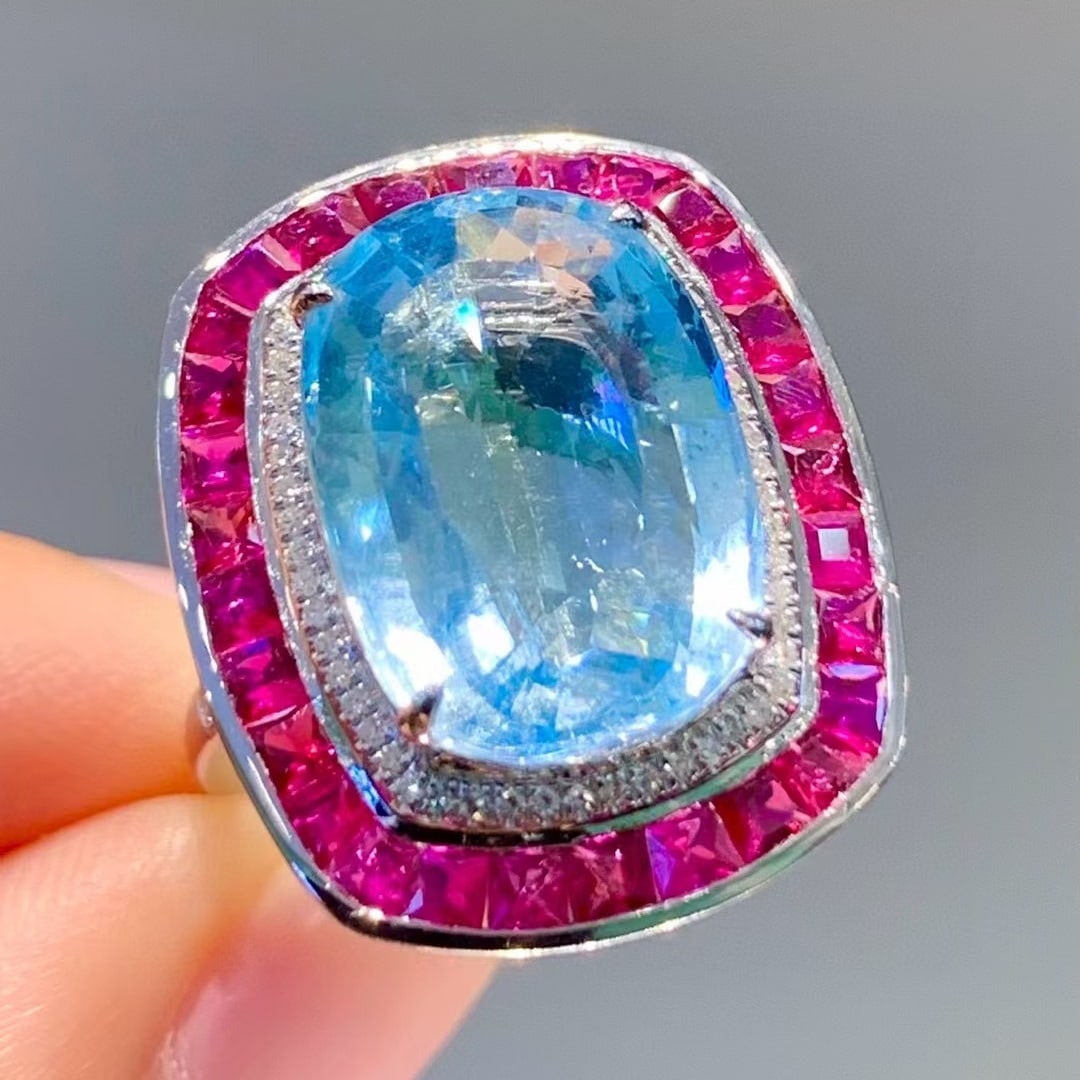 14k Gold 8.55 Ct Natural Aquamarine & Diamond & Ruby Ring - 6