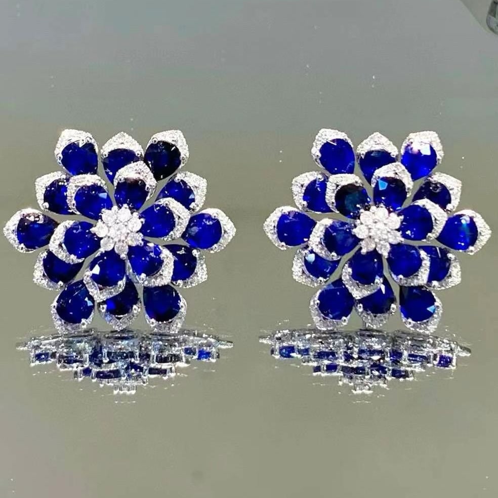14k Gold 15.3 Ct Natural Sapphire & Diamond Earrings - 2