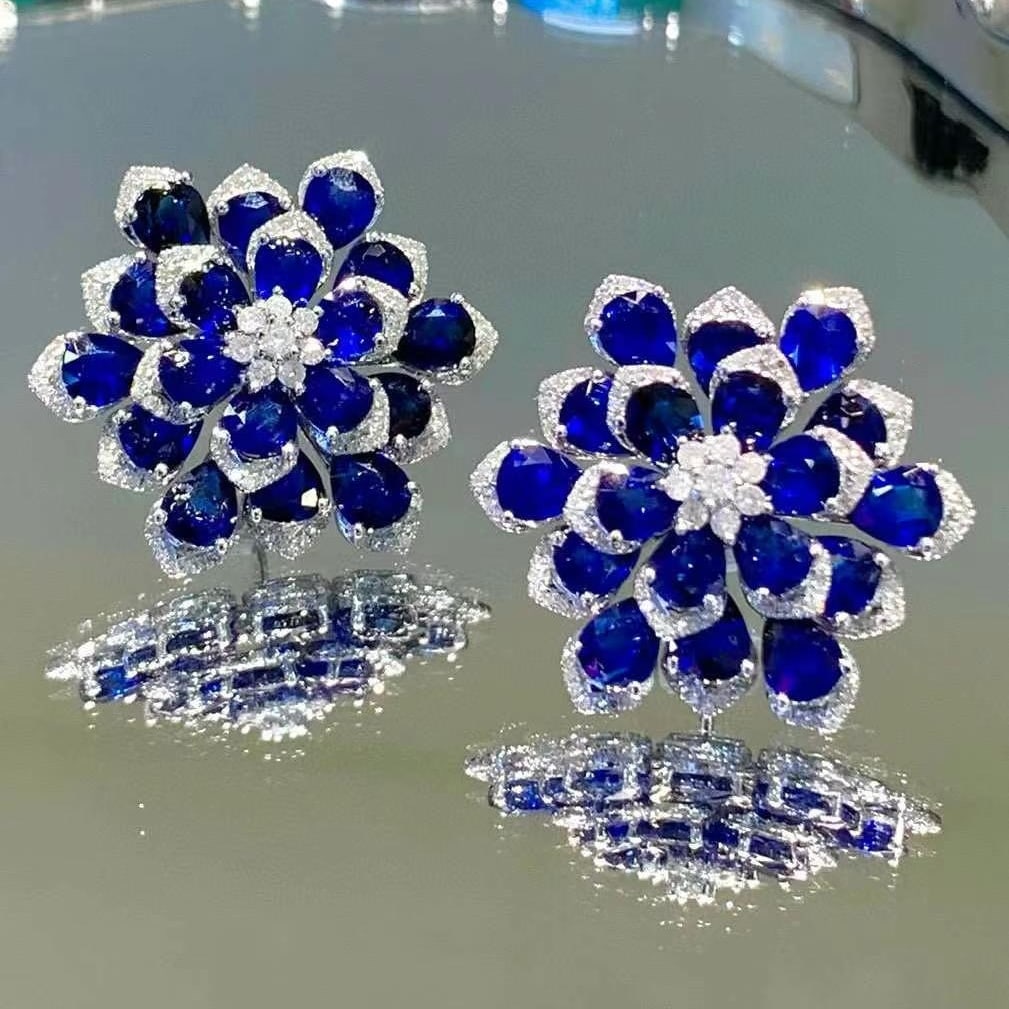 14k Gold 15.3 Ct Natural Sapphire & Diamond Earrings - 5