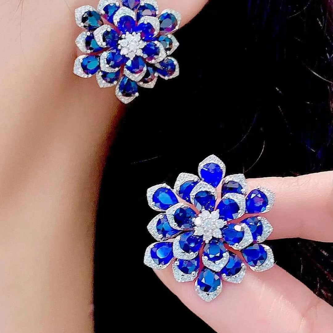 14k Gold 15.3 Ct Natural Sapphire & Diamond Earrings - 6