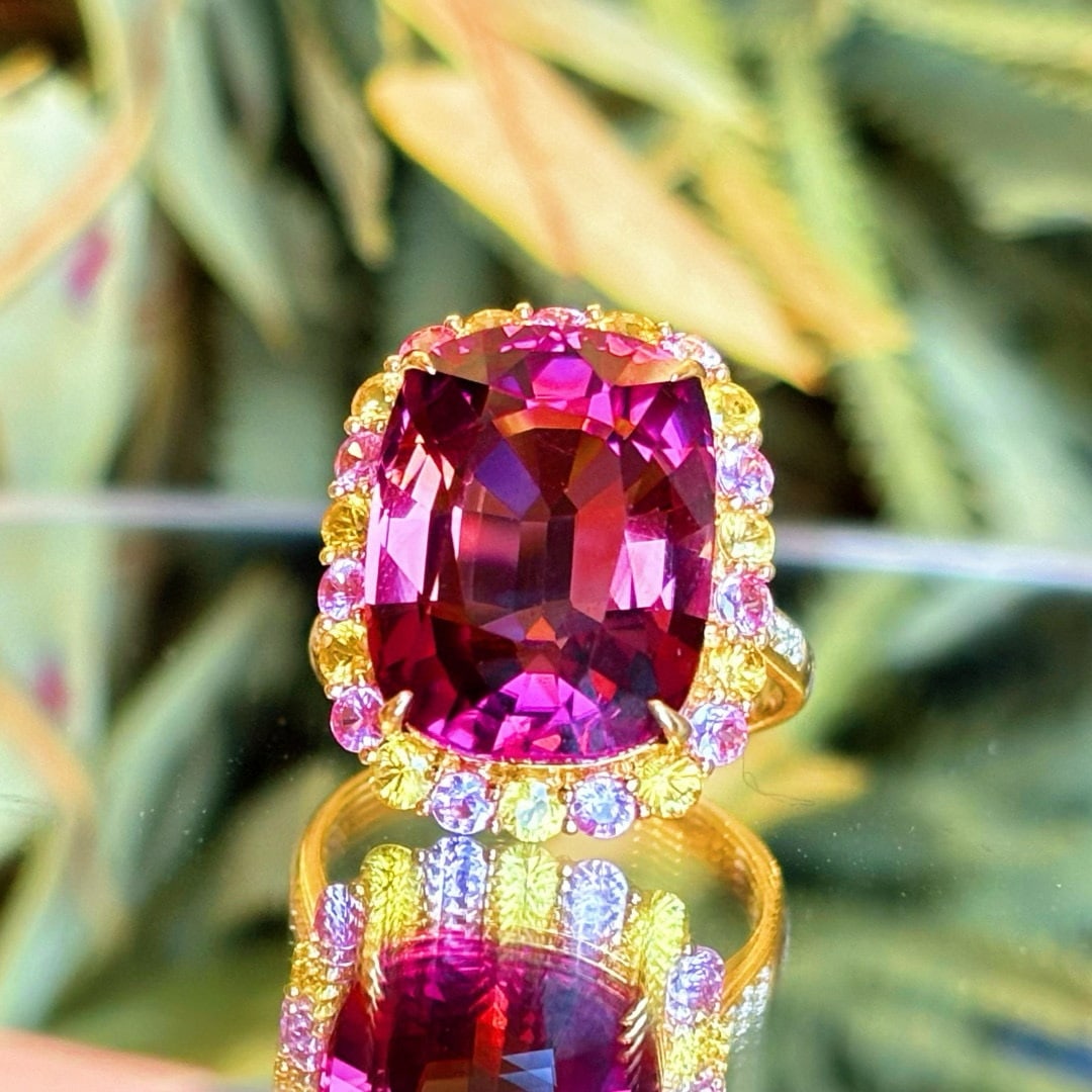 14k Gold 13.75 Ct Natural Tourmaline & Sapphire & Diamond Ring - 3