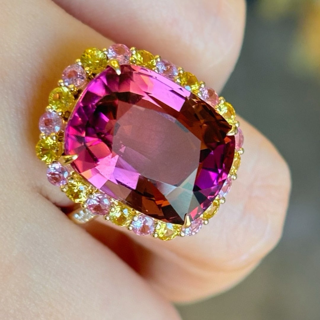 14k Gold 13.75 Ct Natural Tourmaline & Sapphire & Diamond Ring - 6