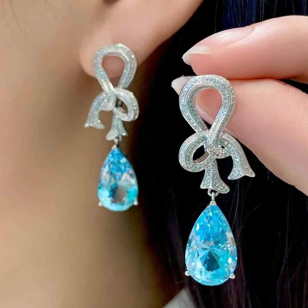 14k Gold 11.65 Ct Natural Aquamarine & Diamond Earrings - 2