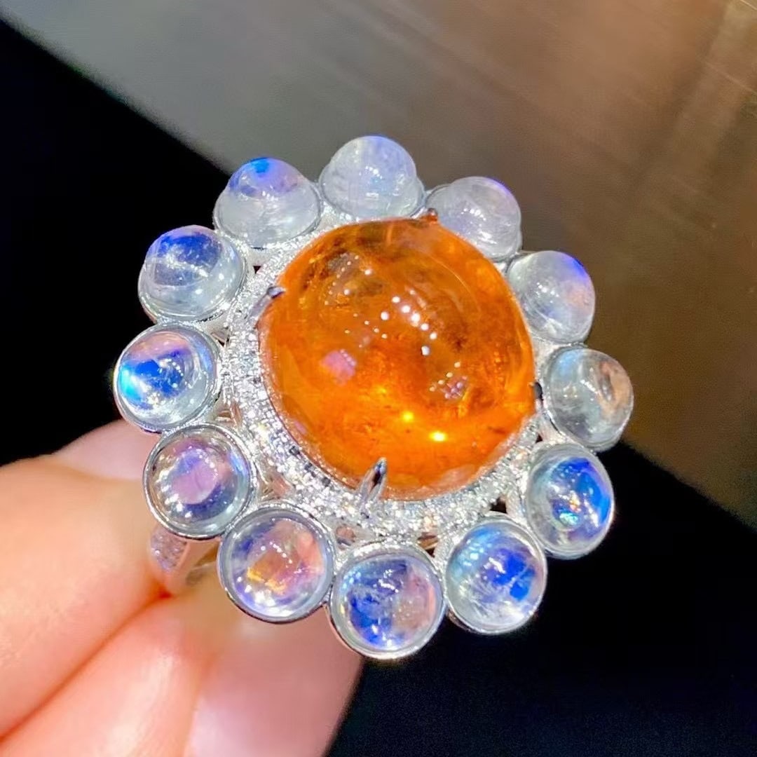 14k Gold 11.5 Ct Natural Spessartine & Diamond & Moonstone Ring - 3