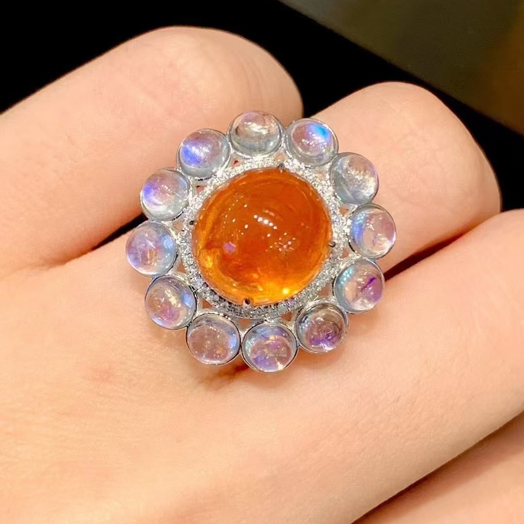 14k Gold 11.5 Ct Natural Spessartine & Diamond & Moonstone Ring - 4