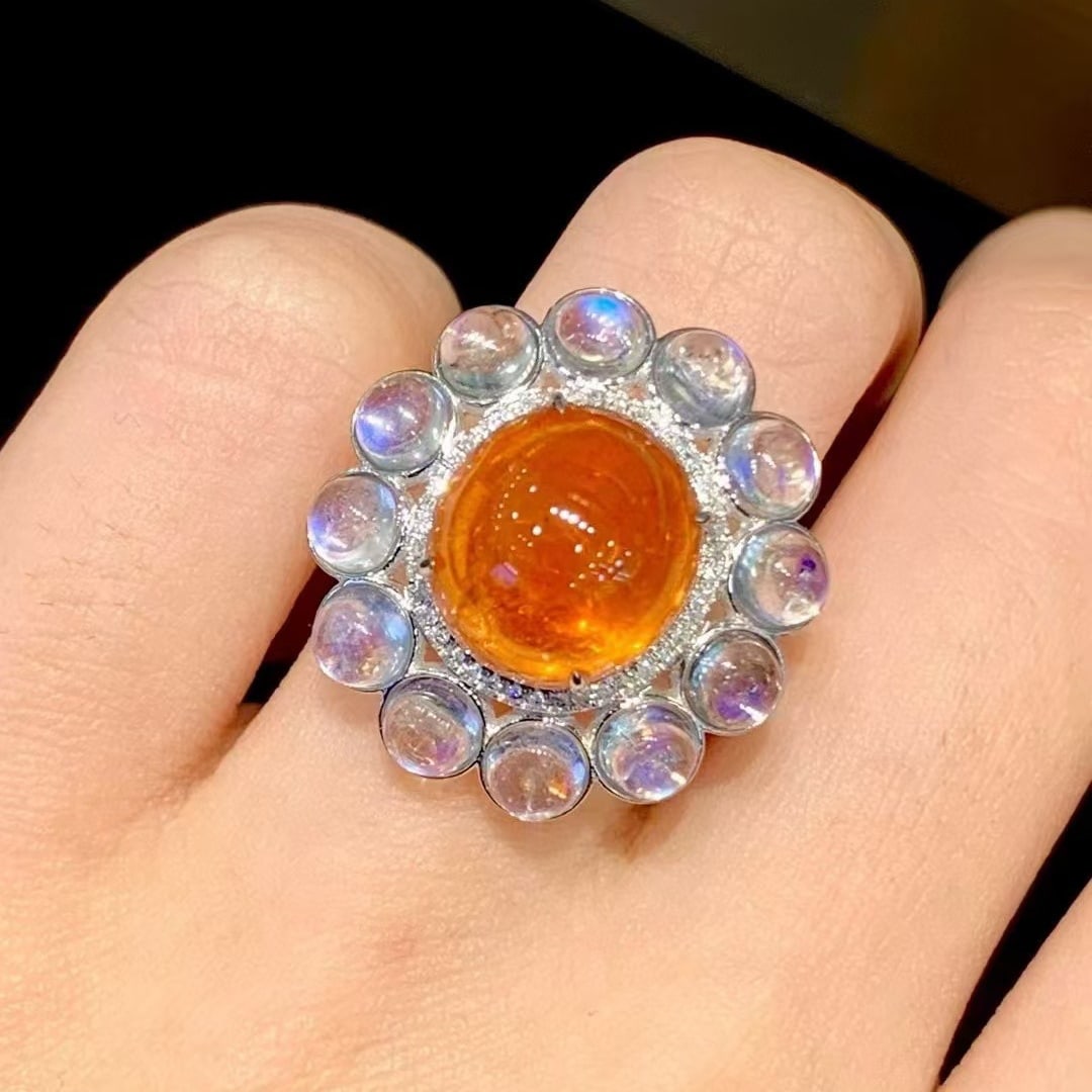 14k Gold 11.5 Ct Natural Spessartine & Diamond & Moonstone Ring - 5