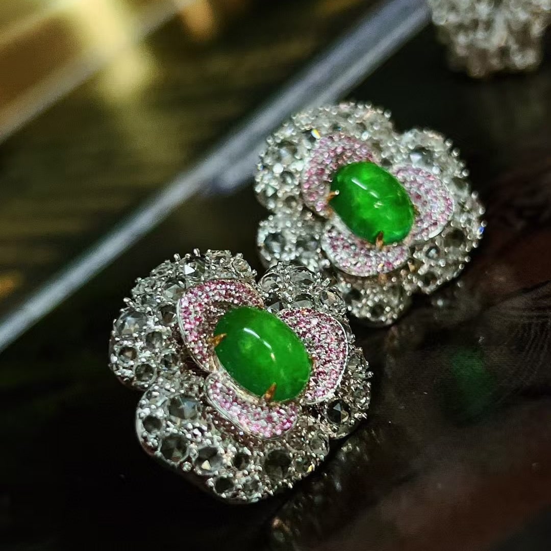 14k Gold 4.1 Ct Vivid Green Natural Emerald & Sapphire Earrings - 2