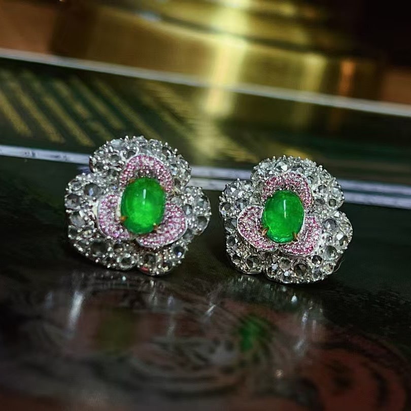 14k Gold 4.1 Ct Vivid Green Natural Emerald & Sapphire Earrings - 4