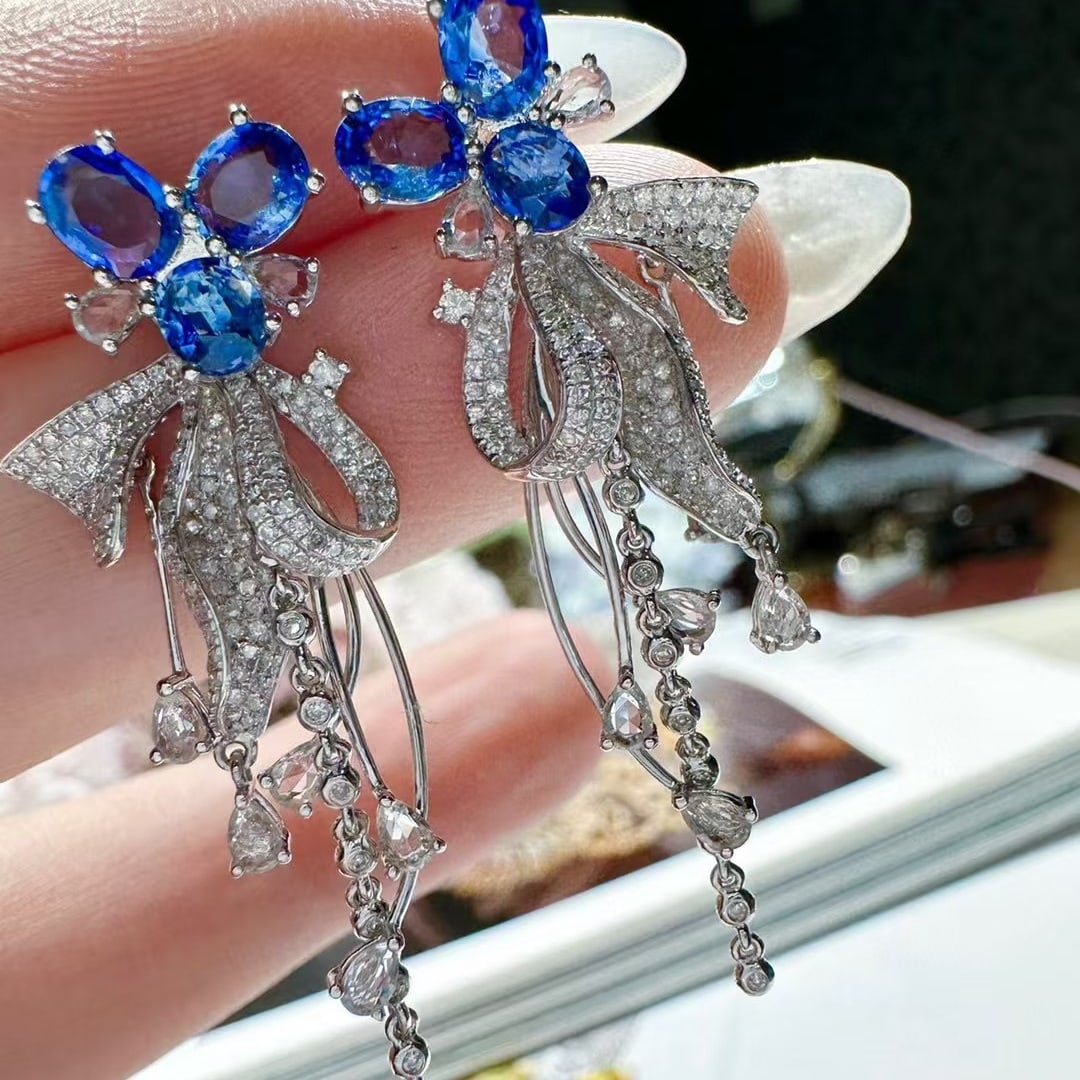 14k Gold 2.65 Ct Natural Sapphire & Diamond Earrings - 2