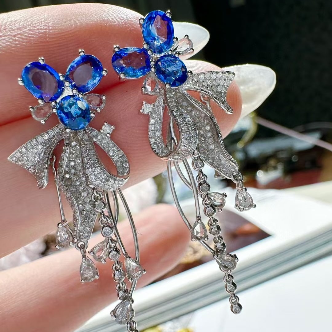 14k Gold 2.65 Ct Natural Sapphire & Diamond Earrings - 3