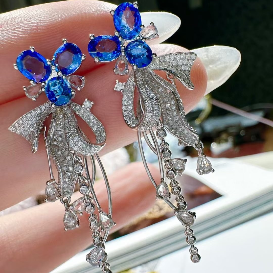 14k Gold 2.65 Ct Natural Sapphire & Diamond Earrings - 4