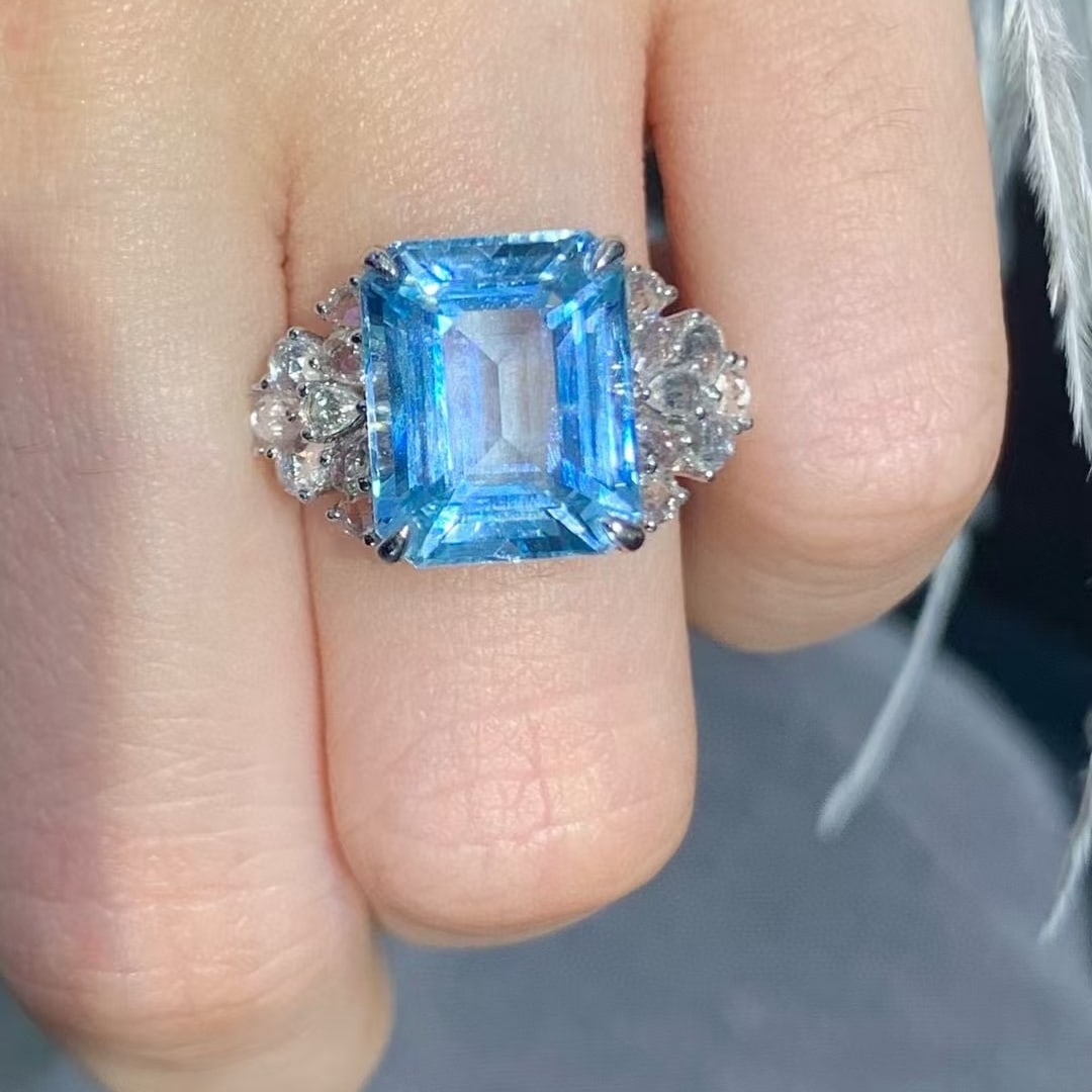 14k Gold 4.8 Ct Natural Aquamarine & Sapphire Ring - 5