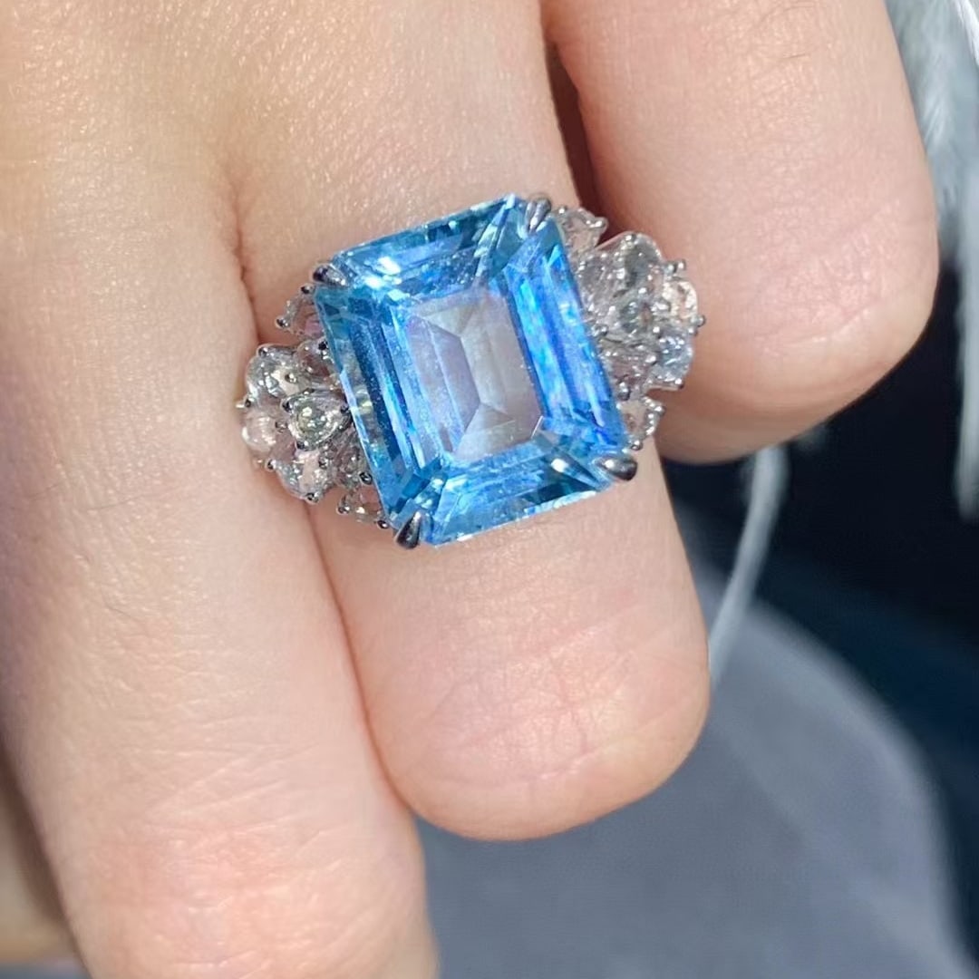 14k Gold 4.8 Ct Natural Aquamarine & Sapphire Ring - 6