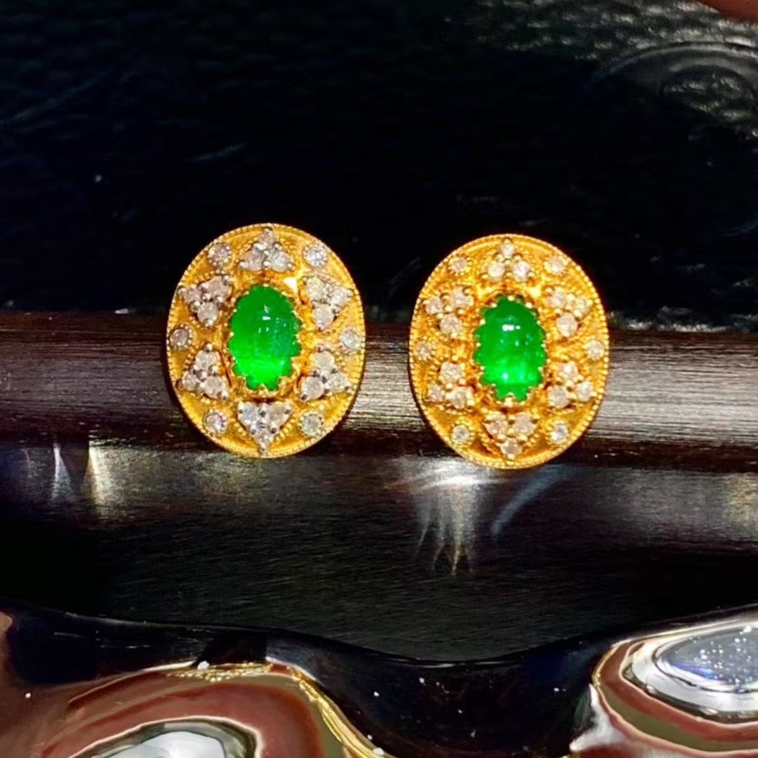 14k Gold 1.35 Ct Vivid Green Natural Emerald & Diamond Earrings - 2
