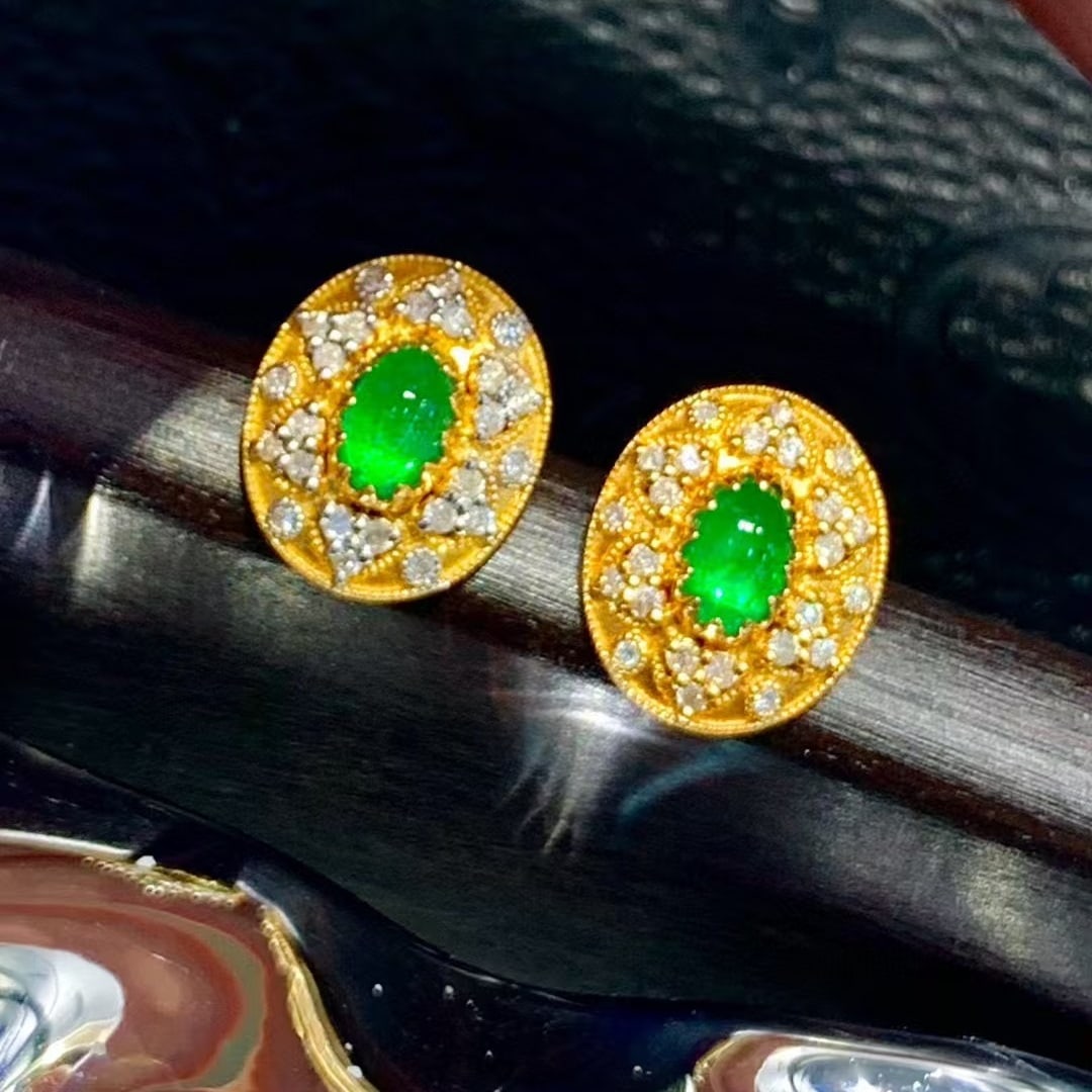 14k Gold 1.35 Ct Vivid Green Natural Emerald & Diamond Earrings - 5
