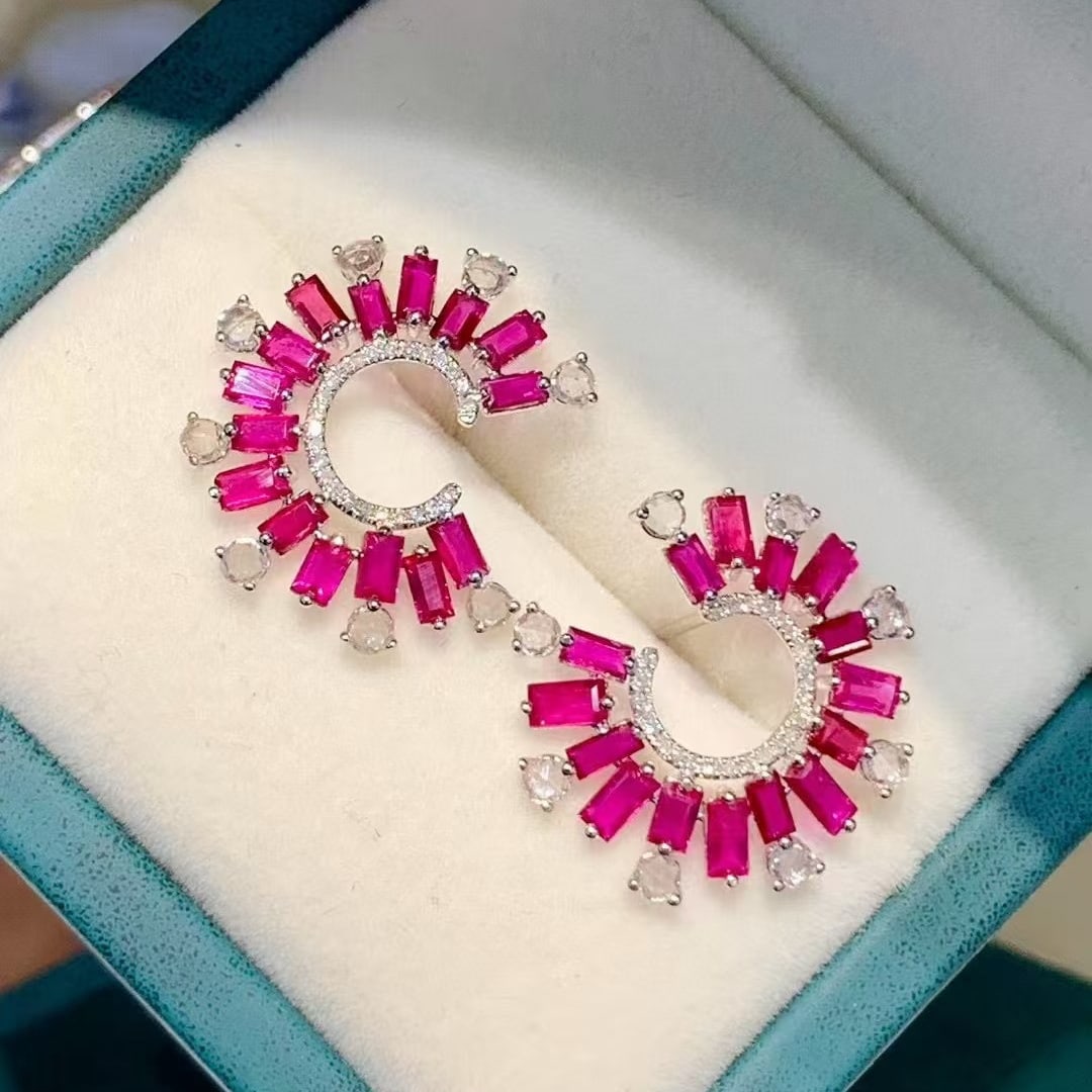 14k Gold 3 Ct Natural Ruby & Sapphire & Diamond Earrings - 2