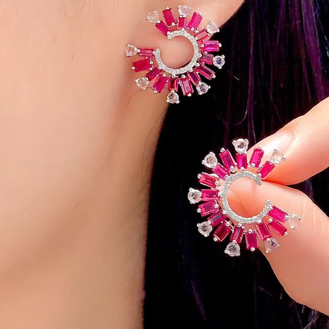 14k Gold 3 Ct Natural Ruby & Sapphire & Diamond Earrings - 3