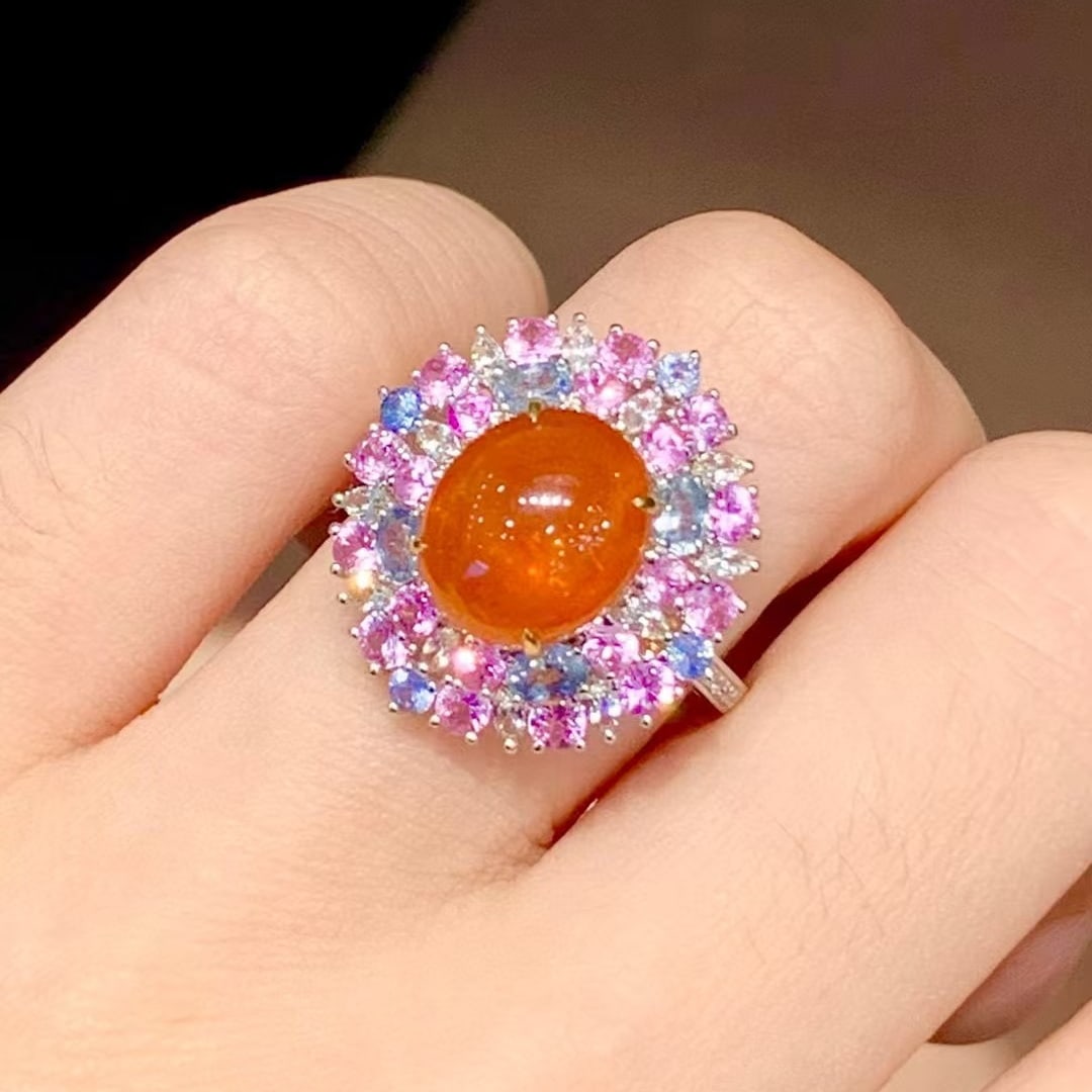14k Gold 5.1 Ct Natural Spessartine & Diamond & Sapphire Ring - 3