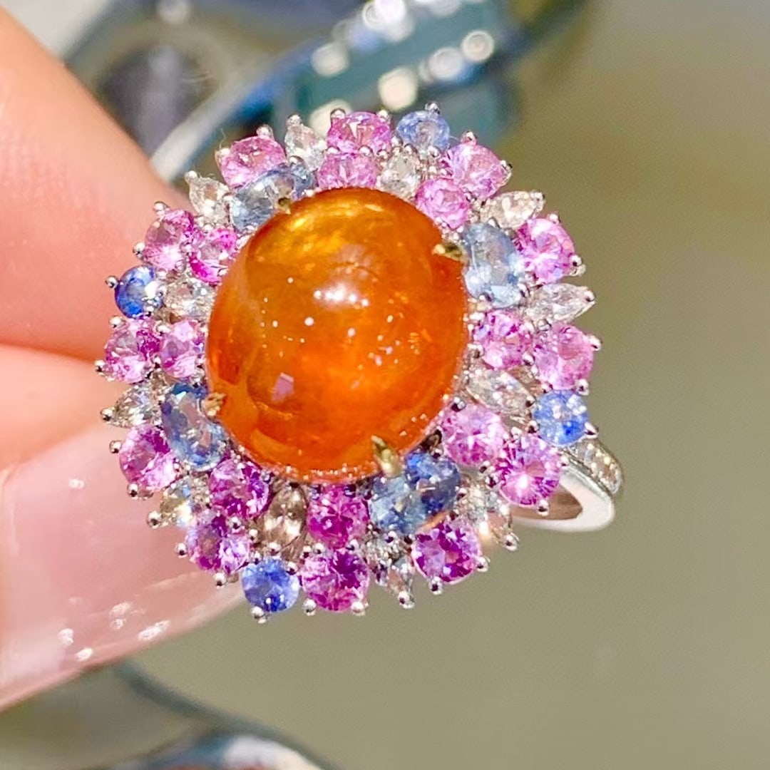 14k Gold 5.1 Ct Natural Spessartine & Diamond & Sapphire Ring - 4