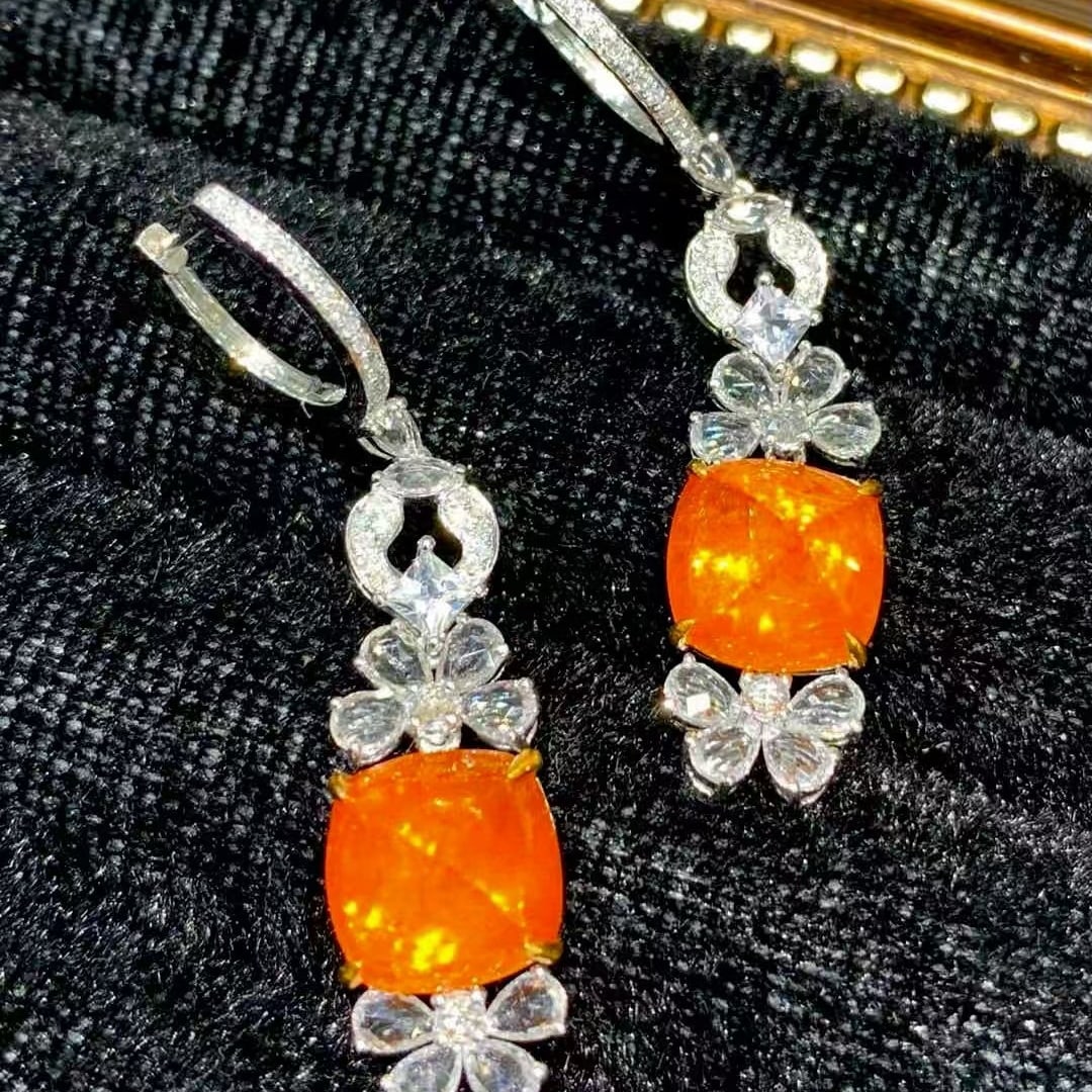 14k Gold 12 Ct Natural Spessartine & Diamond & Sapphire Earrings - 3