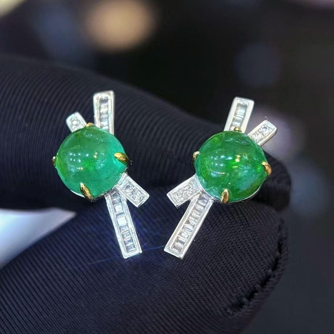 14k Gold 3.47 Ct Natural Emerald & Diamond Earrings - 2