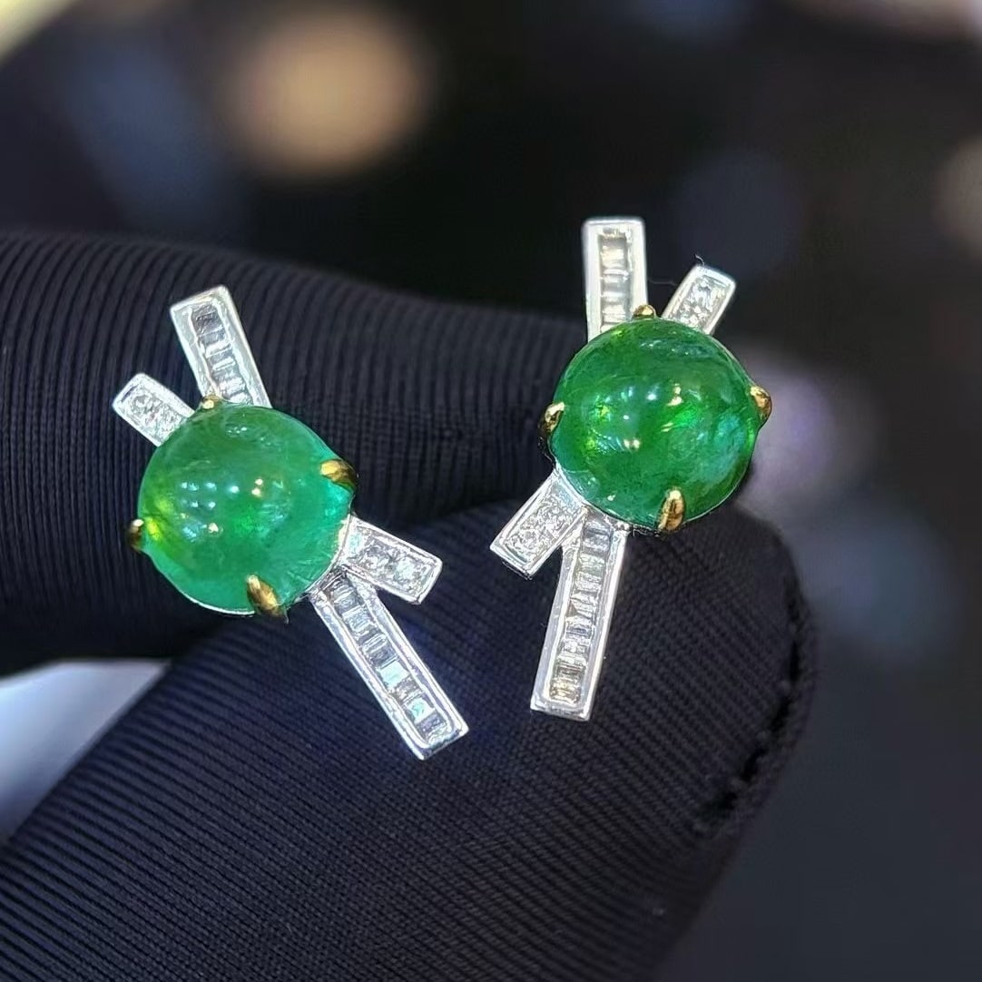 14k Gold 3.47 Ct Natural Emerald & Diamond Earrings - 3
