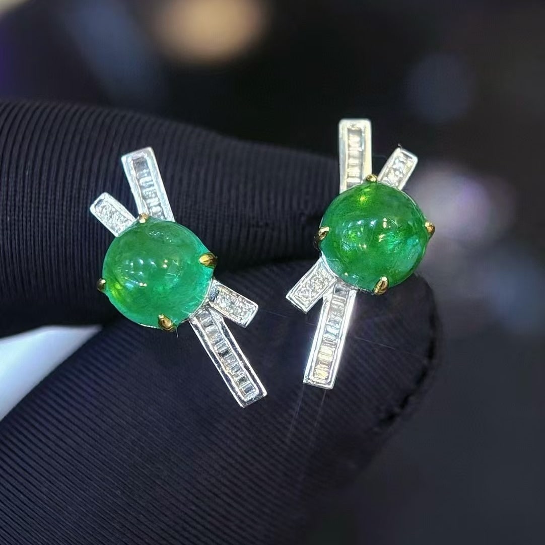 14k Gold 3.47 Ct Natural Emerald & Diamond Earrings - 7