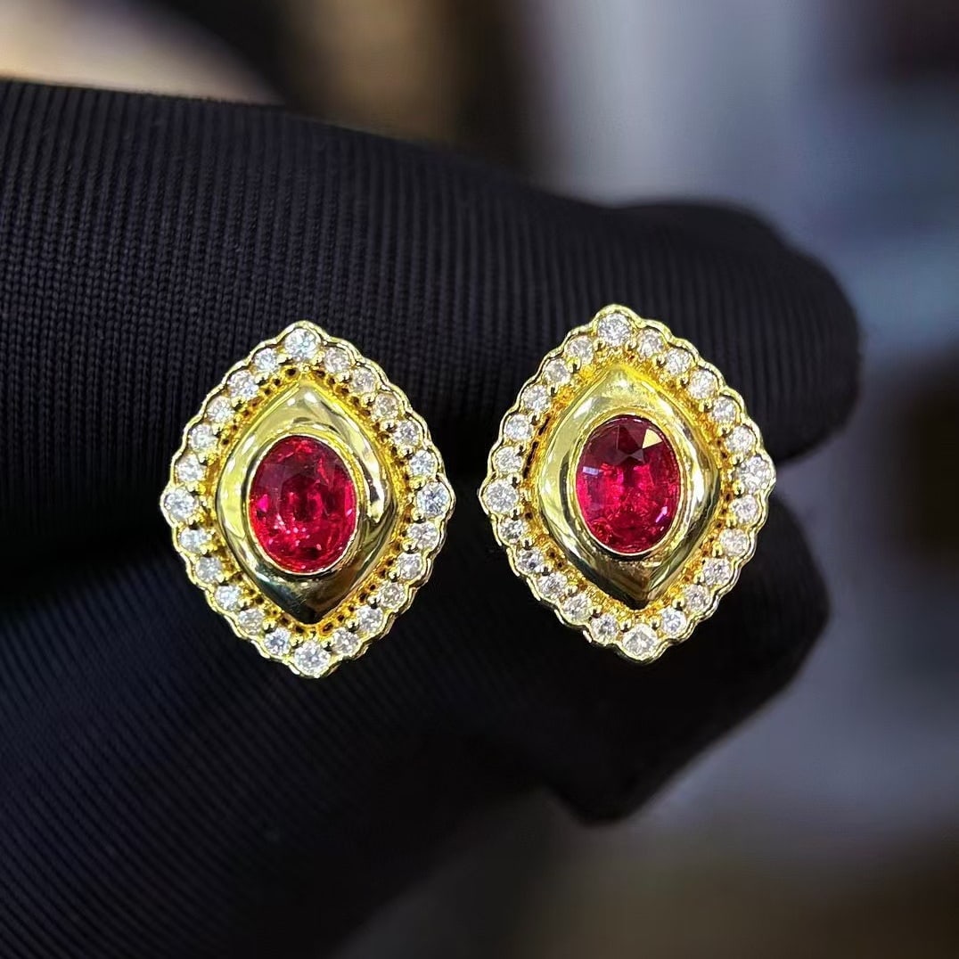 14k Gold 0.5 Ct Natural Ruby & Diamond Earrings - 2