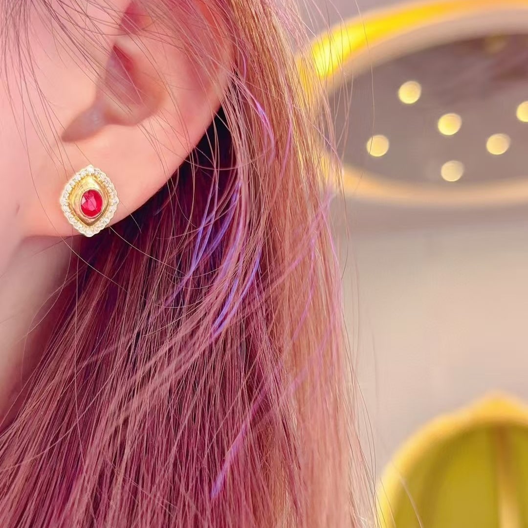 14k Gold 0.5 Ct Natural Ruby & Diamond Earrings - 3