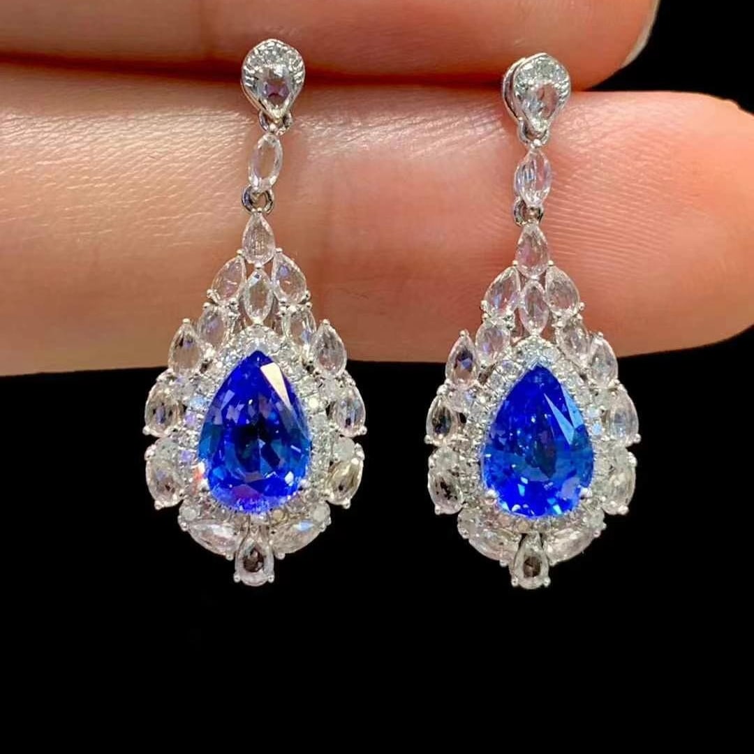 14k Gold 1.8 Ct Natural Sapphire & Sapphire & Diamond Earrings - 3