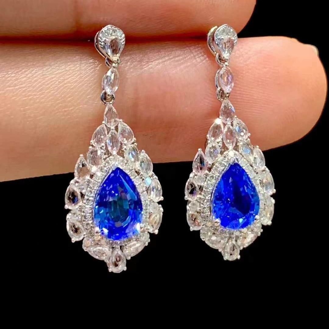 14k Gold 1.8 Ct Natural Sapphire & Sapphire & Diamond Earrings - 6