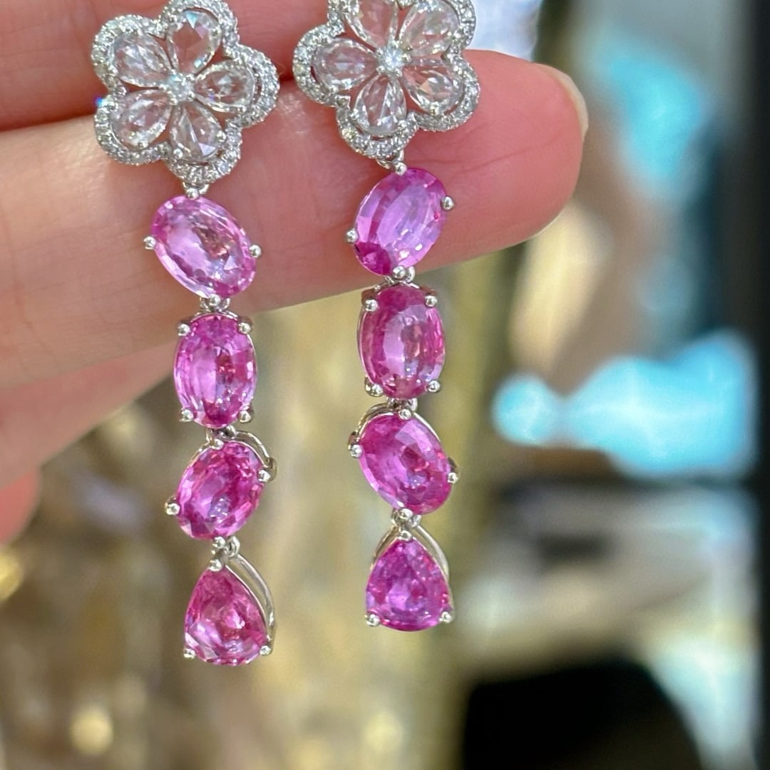 14k Gold 6.02 Ct Natural Sapphire & Diamond & Sapphire Earrings: Ref:230945051 // gold content:14k gold // main gemstone:sapphire // shape:multiply // carat weight:6. 02ct // color:pink // treatment:natural // // adjacent gemstone 2 : diamond // shape:round // clar