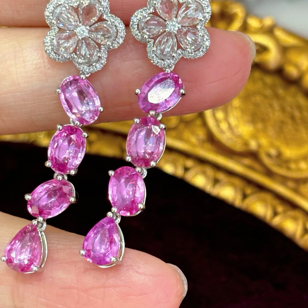 14k Gold 6.02 Ct Natural Sapphire & Diamond & Sapphire Earrings - 2