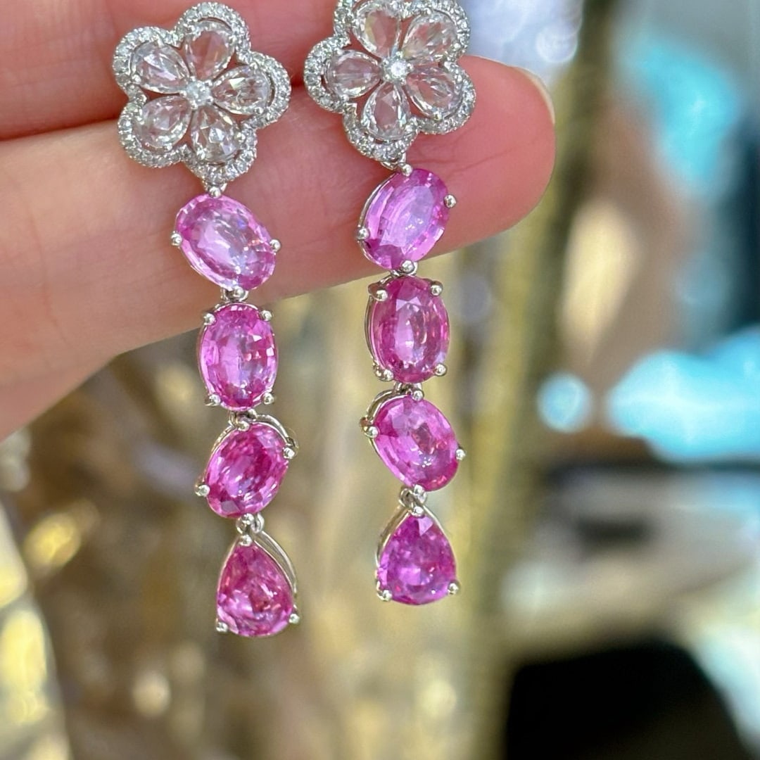 14k Gold 6.02 Ct Natural Sapphire & Diamond & Sapphire Earrings - 7