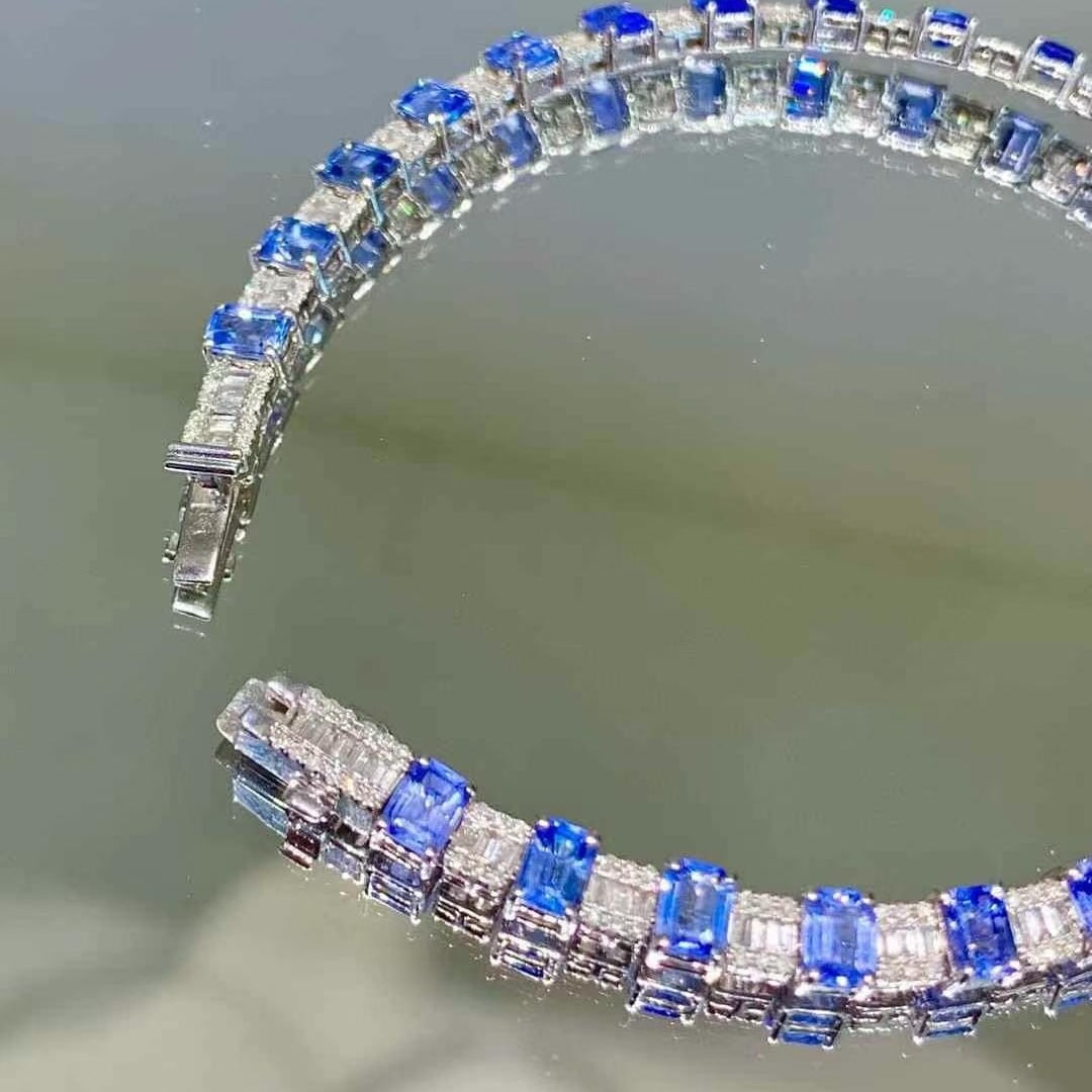 14k Gold 7.2 Ct Natural Sapphire & Diamond Bracelet - 2