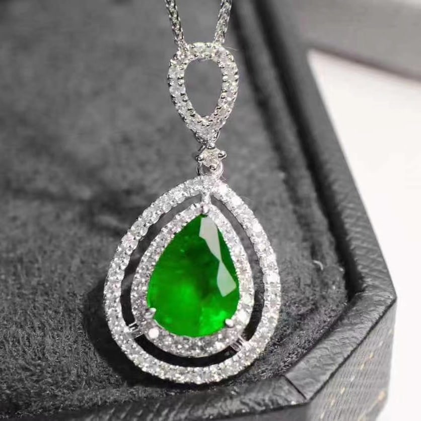 14k Gold 2.01 Ctw Vivid Green Natural Emerald & Diamond Pendant( Without Chain ) - 2