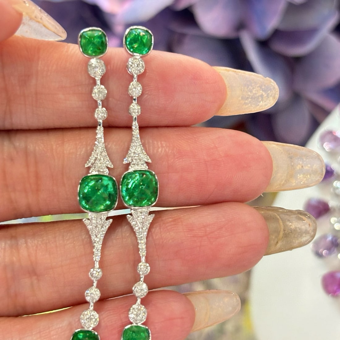 14k Gold 4.5 Ct Natural Emerald & Diamond Earrings - 2