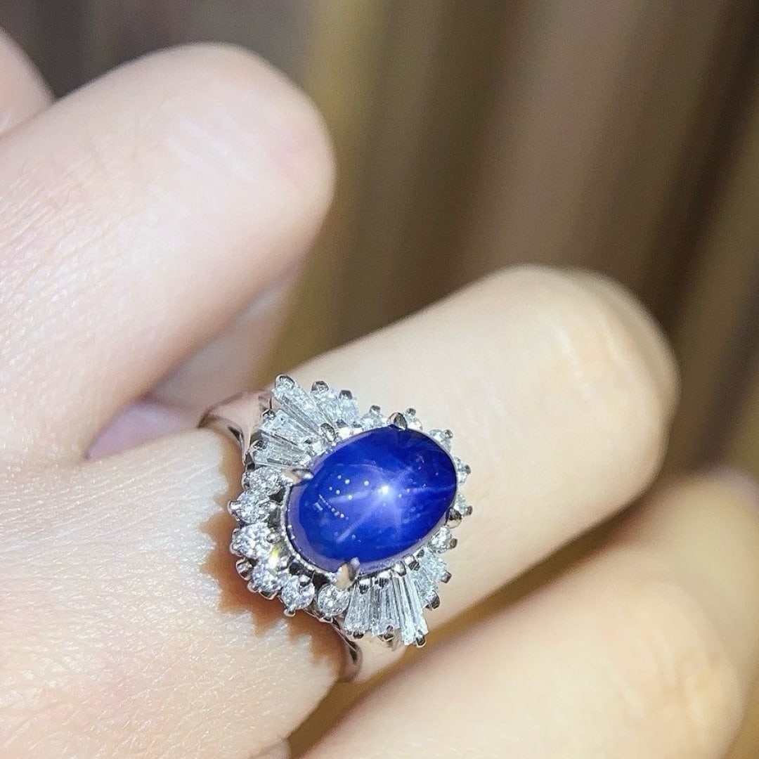 14k Gold 6.25 Ct Natural Star Sapphire & Diamond Ring - 6