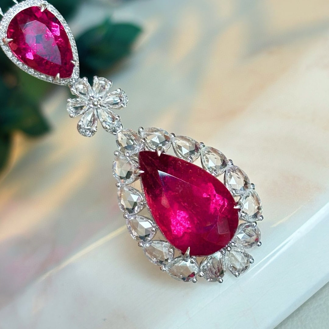 14k Gold 8.1 Ct Natural Tourmaline & Sapphire & Diamond Pendant( Without Chain ) - 3